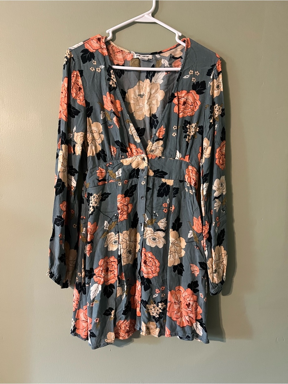 Billabong Slate Blue Floral Mini Dress with Coral and Cream Blooms